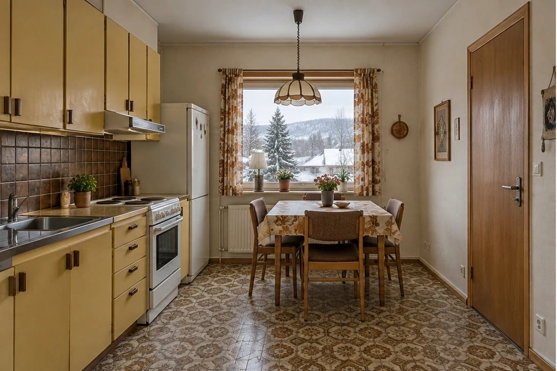 A dated kitchen with yellowed cabinetry, freestanding cooker and refrigerator, brown tiles, patterned vinyl flooring and a large dining set.