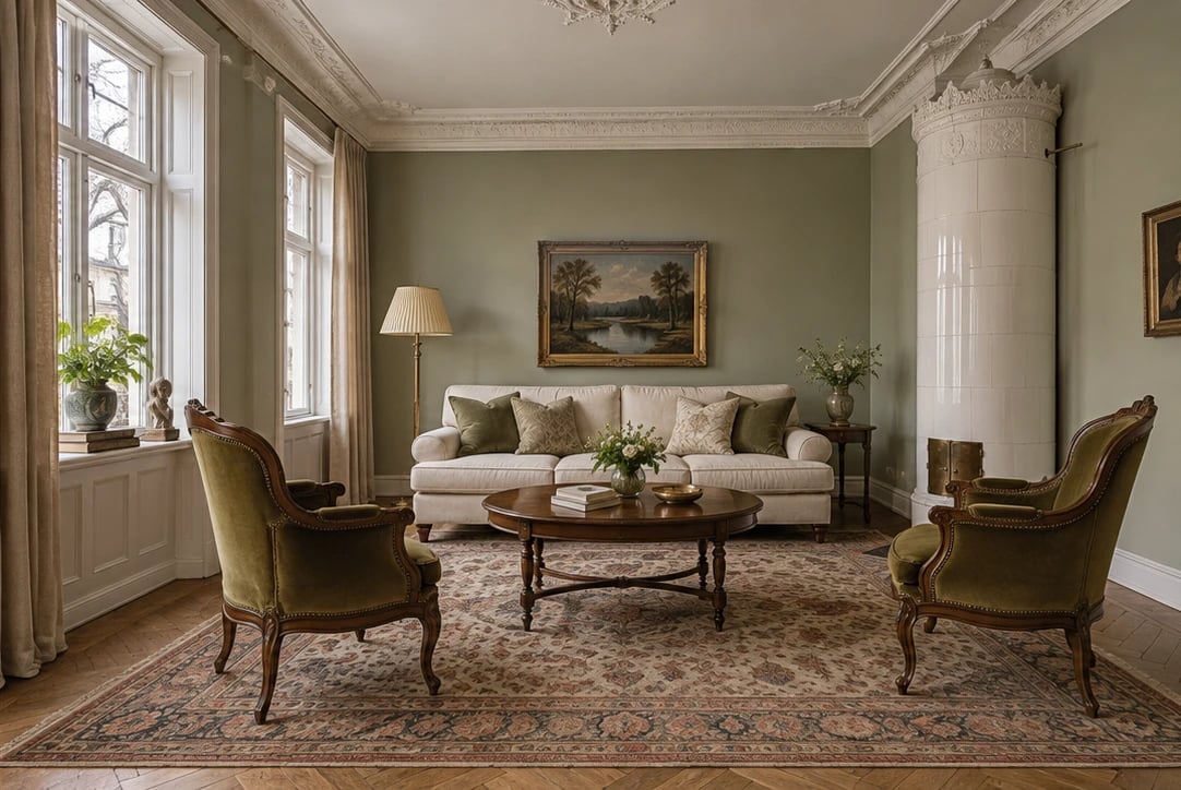 The same room digitally furnished with a classic sofa, armchairs, dark wood and a patterned rug.