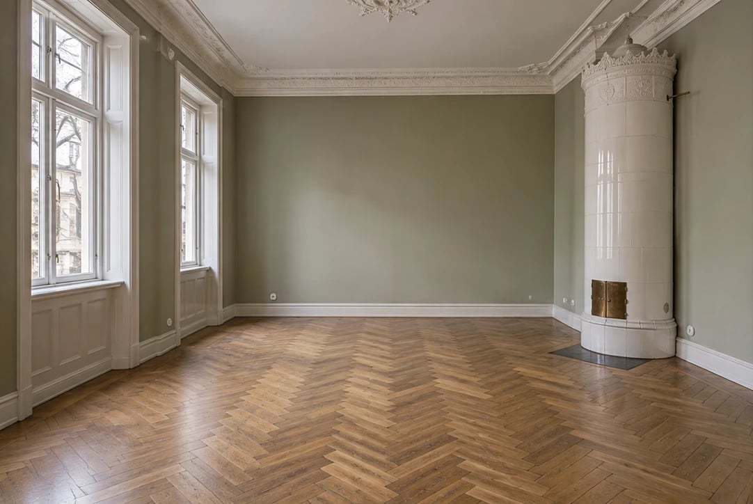 An empty older living room with original detailing, pale green walls and parquet.